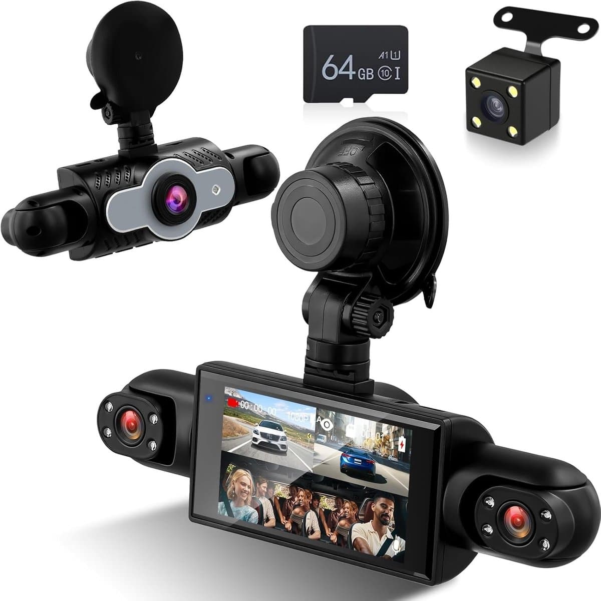 Dashcam voor auto - Zwart - 3 inch HD-scherm - 4-kanaals 1080p 360° auto-video-recorder - Voor personenauto's en SUV's — afbeelding 1