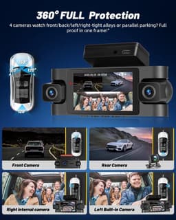 Dashcam voor auto - Zwart - 3 inch - 4 Camera's met 360° Dekking en Nachtzicht - Met Wifi en 24-Uurs Parkeermodus — thumbnail 2