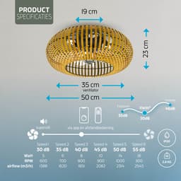 Varin® Smart Plafondlamp met ventilator - Bamboe - Tuya Wifi - Ø 50cm - Plafondventilator met verlichting - Smart lamp slaapkamer - Plafonniere kinderkamer - Plafondlampen industrieel - Plafond lamp - Afstandsbediening - Plafond met ventilator — thumbnail 5