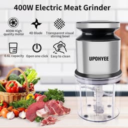 Elektrische hakmolen - Mini keukenmachine - Ingrediënten hakken - 4 roestvrijstalen messen - 600 ml kom - Zilver — thumbnail 2