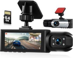 SnelShoppen - Dash Cam 1080P FHD met 64GB Kaart, Mini Auto Camera met APP, 2 Voor- en Interieurcamera's, G-Sensor, Nachtzicht, Parkeermonitor, Loopopn