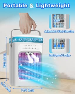 Ulisem - Draagbare airconditioner - Verdampingskoeler - 3 snelheden en 2 miststanden - 120° oscillerend - 7-kleuren nachtlampje - 2/4 uur timer - 1L tank - Type-C - Stil (35dB) - Wit — thumbnail 3