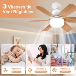 Plafondventilator met geïntegreerde verlichting, afstandsbediening, 51 cm, slaapkamerkroonluchter, houtnerfafwerking, drie snelheden, traploze helderheids- en kleurtemperatuurregeling voor slaapkamers, balkons, gangen en woonkamers [Energieklasse A] — thumbnail 3