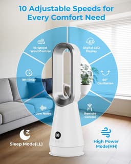 Bladloze Torenventilator - Stille Staande Fan - Verkoeling in Huis - 8 Windstanden - 80° Oscillatie - Wit — thumbnail 5