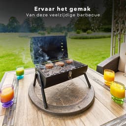 Cheqo® Houtskoolbarbecue - BBQ - Cilinderbarbecue - Tafel BBQ - Barbecue Cilindervorm - Tafelmodel - Mat Zwart - 2-zijdig Gebruik - 2 Rekken/Platen - 17 cm Grillhoogte - Metaal - Afsluitbaar Deksel - Compact - 41 x 26 x h36 cm - Ook voor Camping — thumbnail 3