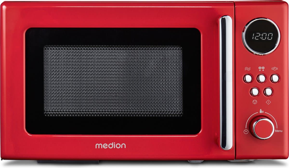 MEDION retro magnetron (20 liter, ca. 800 watt, 5 magnetronstanden, digitaal display, ontdooifunctie, compact) rood — afbeelding 1