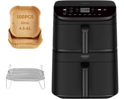Cosori XXL Airfryer Turbo Tower - 10.8 liter inhoud - 2 manden apart in te stellen - 7 programma's - met 100 stuks bakpapier