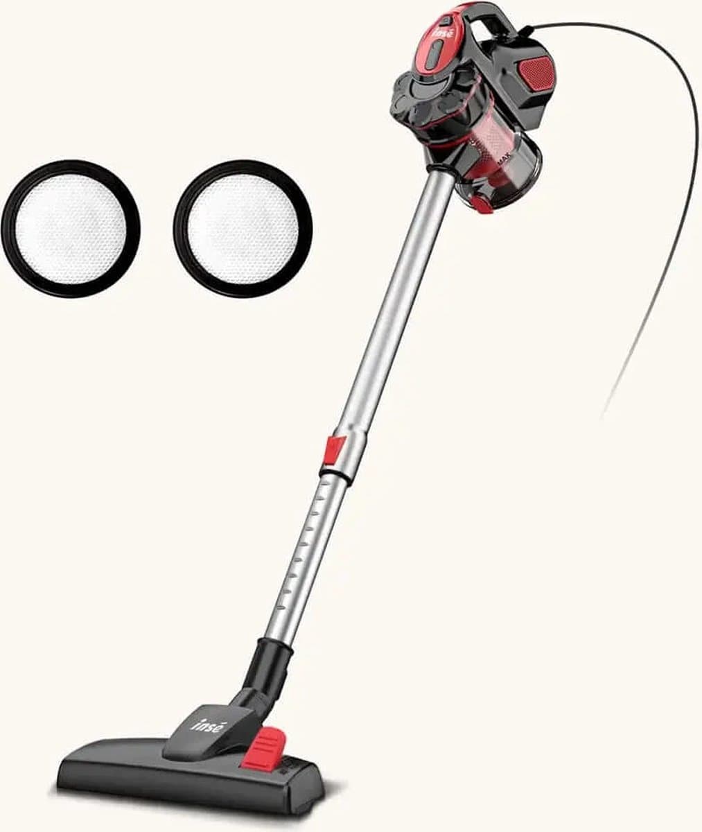 Inse - Steelstofzuiger met draad - 3 in 1 Stofzuiger zonder zak - Handstofzuiger met snoer en steel - 3 verschillende opzetstukken - 600W - Rood - 18Kpa — afbeelding 1