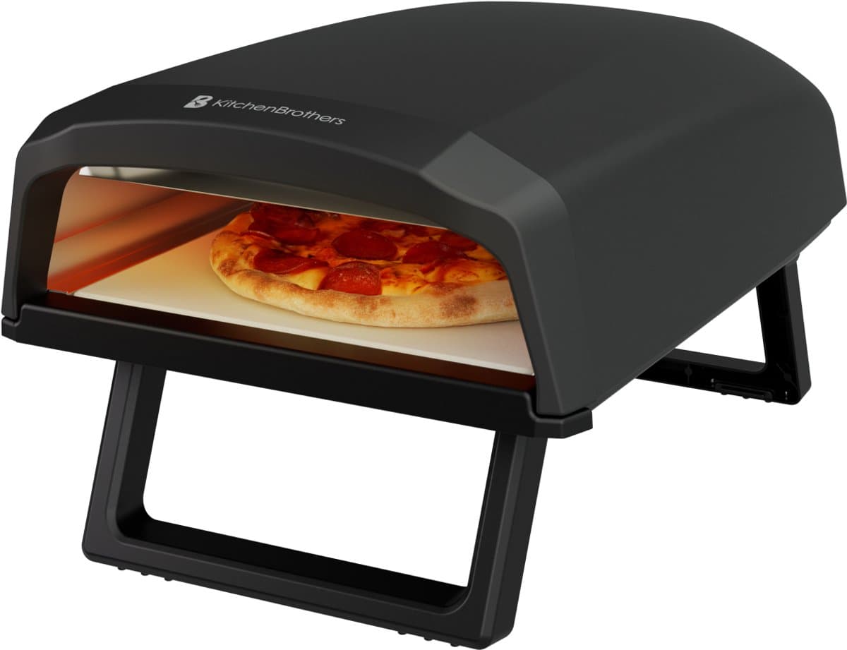 KitchenBrothers Pizza Oven - Elektrisch - Tafelmodel - PFAS-vrij - Inklapbaar - Pizzasteen - Pizza maker - Pizzaoven voor Buiten en Binnen - Zwart/Grijs — afbeelding 1