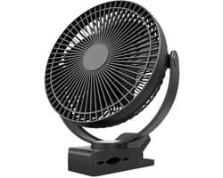 Clip-on ventilator, oplaadbare draagbare ventilator, 8 inch kleine bureauventilator - op batterijen werkende ventilator met 4 snelheden, 360° rotatie, persoonlijke ventilator geschikt voor golfkar, slaapkamer, reizen en kamperen (zwart)