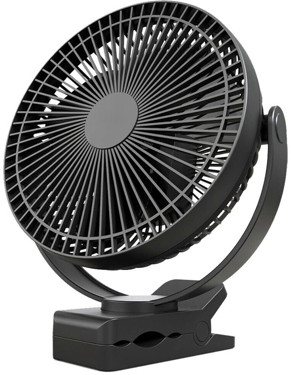 Clip-on ventilator, oplaadbare draagbare ventilator, 8 inch kleine bureauventilator - op batterijen werkende ventilator met 4 snelheden, 360° rotatie, persoonlijke ventilator geschikt voor golfkar, slaapkamer, reizen en kamperen (zwart) — afbeelding 1