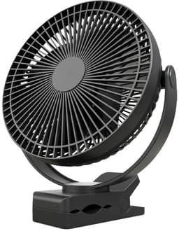 Clip-on ventilator, oplaadbare draagbare ventilator, 8 inch kleine bureauventilator - op batterijen werkende ventilator met 4 snelheden, 360° rotatie, persoonlijke ventilator geschikt voor golfkar, slaapkamer, reizen en kamperen (zwart) — thumbnail 1