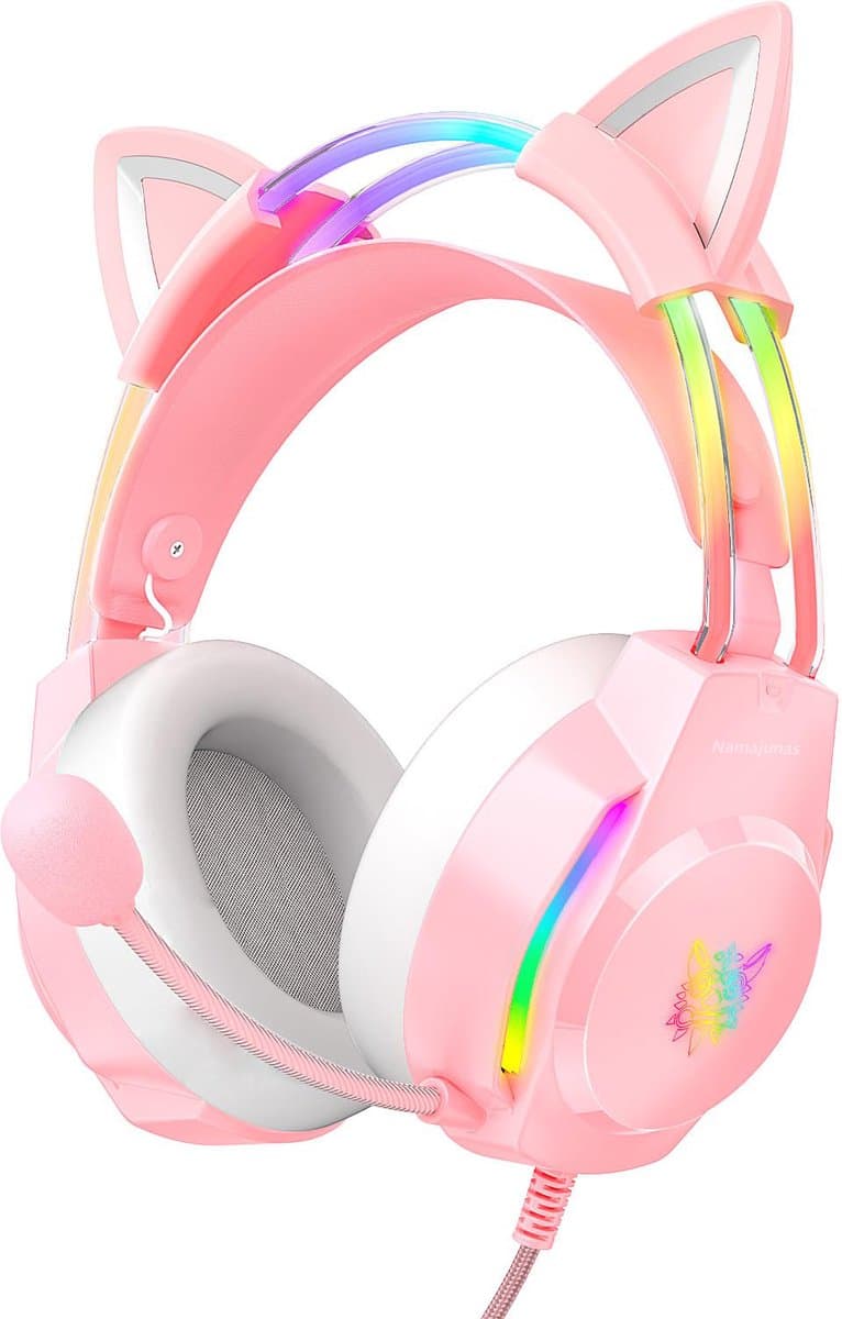 Namajunas - Gaming headsets met Microfoon - Kattenoor Headphones - Koptelefoon - Hoofdtelefoon met kabel - Noise Cancelling Microfoon - Surround Sound - RGB Verlichting - PC, Laptop, PS4, PS5, Xbox, Switch - Roze — afbeelding 1