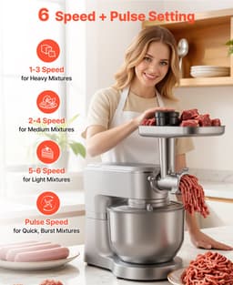 6 L Elektrische Keukenmixer met Een Vermogen van 1500 W, Kantelbaar Ontwerp, 6+P Snelheden, Inclusief 1,5 L Blenderbeker, Roestvrijstalen Kom, Deeghaak, Garde en Klopper voor Bakken en Mixen, Zilver — thumbnail 5