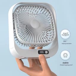 Ventilator - Fan - Tafelventilator - USB oplaadbaar - Stil en lichtgewicht - Met LED - digitaal display - 360° verstelbaar - 3 snelheden - Zwarte circulatieventilator met borstelloze motor - Voor kantoor, thuis en op reis (wit) — thumbnail 3