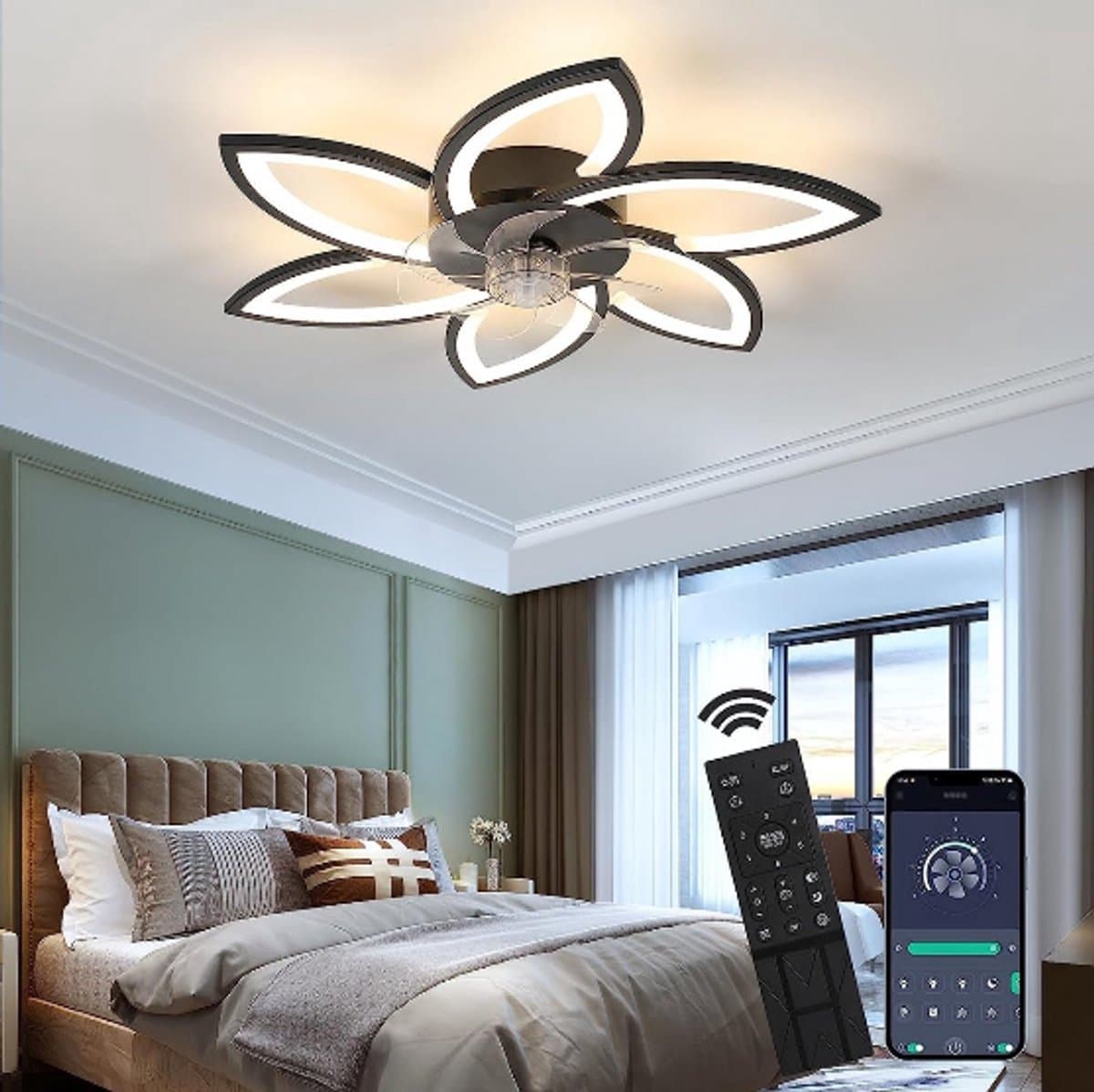 6 Sterren Plafondlamp Met Ventilator - Zwart - Met Afstandsbediening - Smart lamp - Dimbaar Met App - 6 Standen Ventilator - Woonkamerlamp - Moderne lamp - Plafoniere — afbeelding 1
