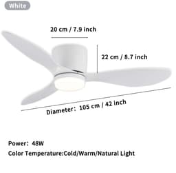 Nivard Plafondventilator - Met Verlichting - Plafond Ventilator - Met Lamp - Plafonniere Met Ventilator - Met Licht - Wit - 105cm — thumbnail 3