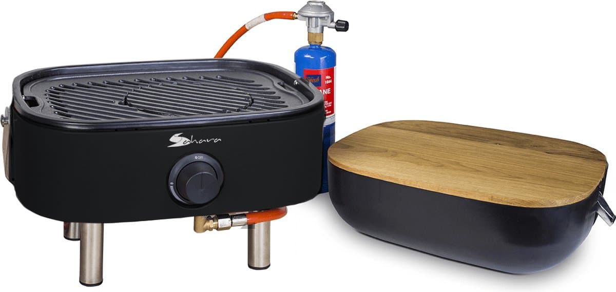 Deluxe Mini draagbare Gas BBQ - Zwart - met propaanpatroon Bernzomatic - gietijzeren grill - met slang en regelaar - snijplank — afbeelding 1