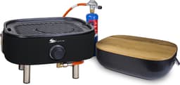 Deluxe Mini draagbare Gas BBQ - Zwart - met propaanpatroon Bernzomatic - gietijzeren grill - met slang en regelaar - snijplank — thumbnail 1