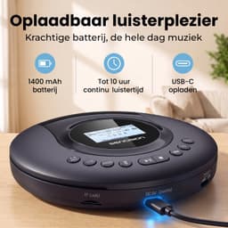 Sencision Draagbare CD Speler met Bluetooth 5.1 - Discman - CD Speler Bluetooth - USB-C Oplaadbaar - Anti-Shock - Oordopjes en Opberghoes - Zwart — thumbnail 3