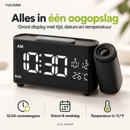 Yuconn wekkerradio met Projectie - Projectiewekker - Dubbel Alarm - Dimbaar — thumbnail 2