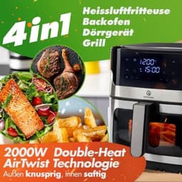 Heteluchtfriteuse RVS XXL 8L, 2000W, Airfryer roestvrij staal met LED Touch Display, Double Heating technologie, kijkvenster, vetarme frietfriteuse zonder olie incl. recepten — thumbnail 3