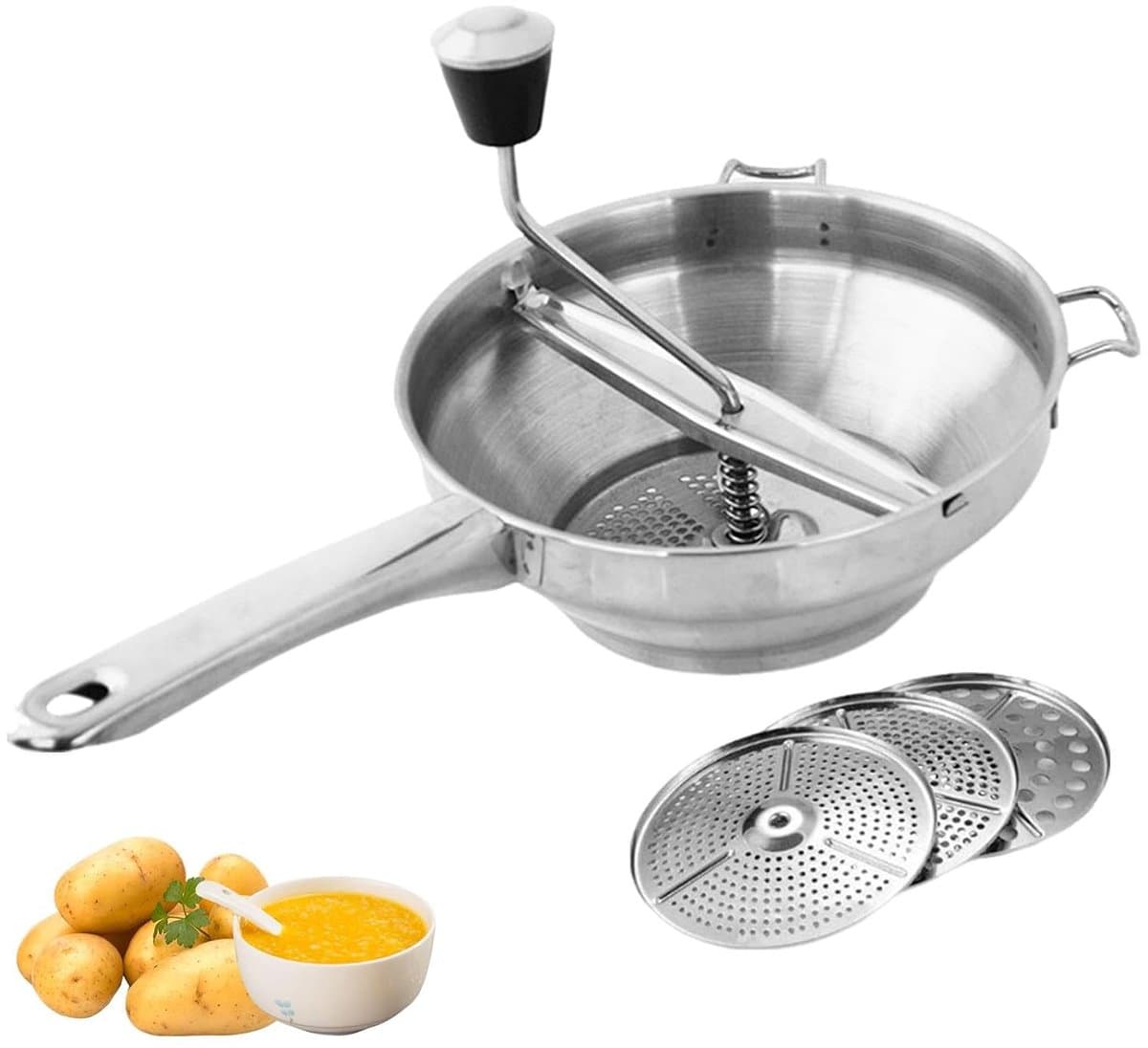 Deze roestvrijstalen keukenmachine wordt geleverd met drie maalschijven, een handmatige maalschijf en een opzetstuk voor het maken van puree. — afbeelding 1