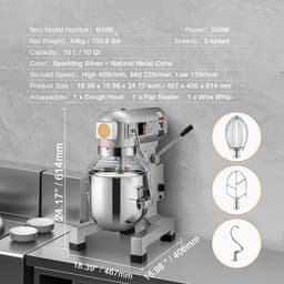 Commerciële Keukenmixer, 10L Staande Mixer met 3 Instelbare Snelheden, 550W Deegmixer met Roestvrijstalen Kom en 3 Mixaccessoires, Geschikt voor Restaurants, Bakkerijen, Patisserieën en Cafés — thumbnail 3