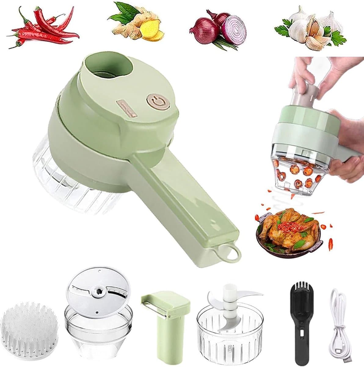 Elektrische Hakmolen - 1200 mA - 4 in 1 Groentesnijder - Uiensnijder - Mini Chopper - Food Chopper - Mini Foodprocessor - USB oplaad - BPA-Vrij - Multifunctioneel - Voor babyvoeding,knoflook, chilipepers, uien, selderij en gember - Groen — afbeelding 1