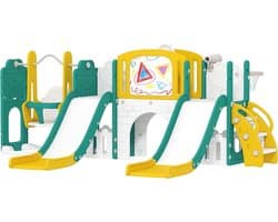 Kinderglijbaan 9-in-1 peuterglijbaan met basketbalmand, 2 glijbaan, klimrek, schommel, tunnel, verrekijker, scheurplank, kikkermotief en opbergdoos enz., voor binnen en buiten, voor 1-3 jaar