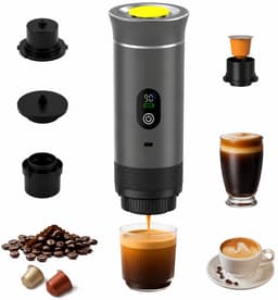 Draagbaar Koffiezetapparaat - 3-in-1 espressomachine – Met led-display – 20 bar druk en indicatoren voor temperatuur en batterijniveau in realtime – Geschikt voor gemalen koffie en capsules – Ideaal voor op reis, op kantoor en in de camper – Grijs — thumbnail 1