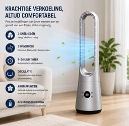 oROMI Bladloze Torenventilator 63 cm – 45W – 3 Snelheden en 3 Windmodi – Afstandsbediening – 24-uurs Timer – Oscillatie – Aromafunctie – Zilver — thumbnail 2