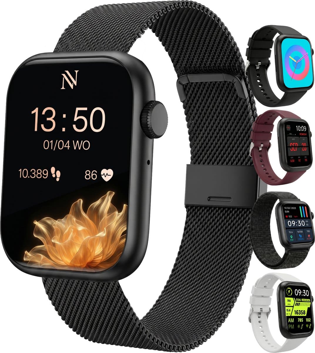 Nuvance Smartwatch Dames - Smartwatch Heren - Stappenteller Horloge Dames - Hartslagmeter - Sporthorloge - Geschikt voor iOS/Android - Incl. 5 Bandjes - Zwart — afbeelding 1