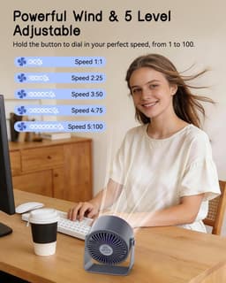 Bureauventilator, stille bureauventilator, mini USB-ventilator, 3600mAh oplaadbare batterij, 360° draaibaar, LED-display, geschikt voor slaapkamers, kantoren, camping, thuis, enz. - Zwart — thumbnail 4