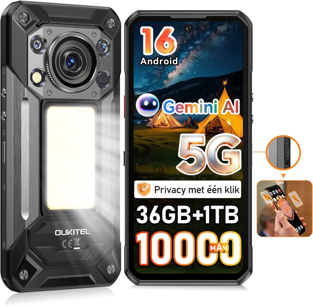 Robuuste smartphone - OUKITEL WP500 - 6,78'' FHD+ scherm - 32GB RAM - 1TB ROM - 10000 mAh 45W - 5G Dual SIM - NFC GPS 2026 nieuw - Zwart — afbeelding 1