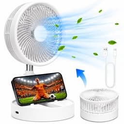 Tafelventilator met Telefoonhouder - USB-C Oplaadbaar - 3 Standen - Opvouwbaar en Draadloos - Staande Mini Ventilator - Fan - Verkoeling - WK Voetbal Kijken Accessoire - Kleine Aircooler - Mobiele Airco - 16,5 x 16,5 x 8 cm - Wit - Silvergear — thumbnail 1