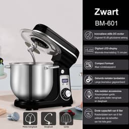Keukenmachine 6L - 1200W - Staande Mixer - RVS Mengkom - 6 Snelheden + Pulse - LED Display - Inclusief Garde, Deeghaak & Platte Menghaak - Zwart — thumbnail 5