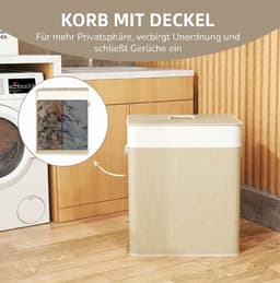 COVREO Wasmand 52x32x63 cm wit, bamboe 100 L met deksel en 2 vakken — thumbnail 2