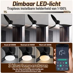 Plafondventilator met verlichting - 6 snelheden - 3 lichtkleuren - App en afstandsbediening - Stille omkeerbare DC-motor - Timer - Zwart — thumbnail 3