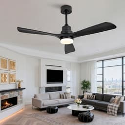 Massief houten plafondventilator 52 inch met zwarte spiraalbladen (drie bladen) - Verlichting - 3 kleurtemperaturen - Dimbaar - Afstandsbediening - 6 snelheden en omkeerbare rotatie — thumbnail 1