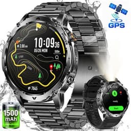 FOSMET GPS Smartwatch Heren - Militair Smartwatch - 1,8 Inch - AMOLED Scherm - 1500mAh - 24/7 Hartslagmeter, SpO2 & Slaapmonitor - 100+ Sportmodi, Kompas, Barometer & Hoogtemeter - LED-Zaklamp - IP68 Outdoor Sporthorloge - Inclusief 2 Bandjes - Zwart — thumbnail 1