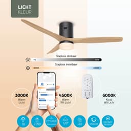 Varin® Smart Plafondventilator met verlichting - Ø 132cm - Zwart/Lichthout - LED CCT 18W - Super stil 20dB - 6 snelheden - Woonkamer - Slaapkamer - Tuya WiFi - App & Afstandsbediening — thumbnail 4