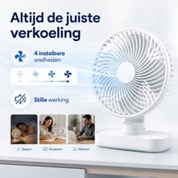 Tafelventilator Oplaadbaar – Stille Ventilator – 4 Snelheden – 90° Oscillatie – 4000 mAh - Wit — thumbnail 3