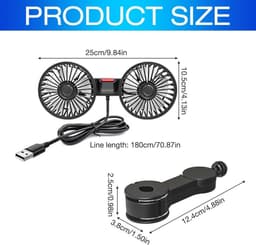Autoventilator, USB-ventilator, 5 V, 2 A, met 3 snelheden, voor achterbank, passagiers, 360 graden draaibaar, ventilator met twee koppen, voor voertuigen zoals sedan, SUV, camper — thumbnail 3