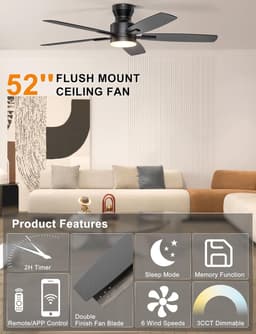 Plafondventilator met verlichting - 132 cm - laag profiel - afstandsbediening/app - dimbaar licht - stille plafondventilator - inbouwmontage - modern - voor slaapkamer - woonkamer, zwart — thumbnail 3