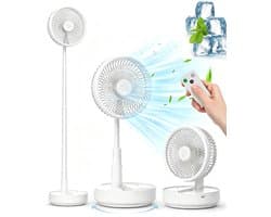 Tafel- en Staande Ventilator - Draagbare Oscillerende Ventilator - Opvouwbaar Design - Afstandsbediening - 4 Snelheden - Oplaadbare Accu - USB Ventilator - Wit