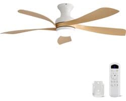Plafondventilator Met Lamp - 5 ABS Bladen - Ø 132 cm - Dimbare lamp - Met Afstandsbediening - 6 ventilatorstanden - LED's Light - Wit, natuurlijke houtkleur