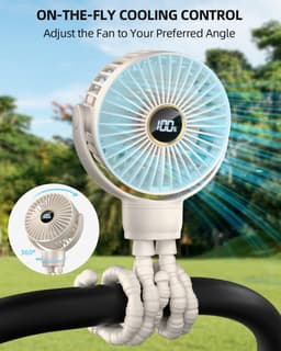 Draagbare mini kinderwagenventilator, oplaadbare persoonlijke ventilator, reisbenodigdheid voor babywagen, speelwagen, autostoel en loopband, fietsaccessoire, 360° draaibaar, 3 snelheden met display, beige — thumbnail 2