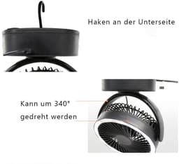 5000mAh campingventilator, tafelventilator, 3-in-1 mini USB-ventilator met LED-verlichting en haak, 360° draaibaar, plafondventilator met 3 snelheden, tentventilator met ventilator voor auto, buiten, camping, kantoor, thuis — thumbnail 3