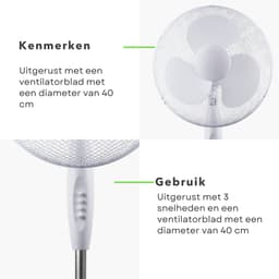 Cheqo® Staande Ventilator - Fan - Statiefventilator - Luchtkoeler - 40cm - 45W - 3 Snelheden - Verstelbaar - Draaifunctie - 140cm Snoerlengte — thumbnail 2